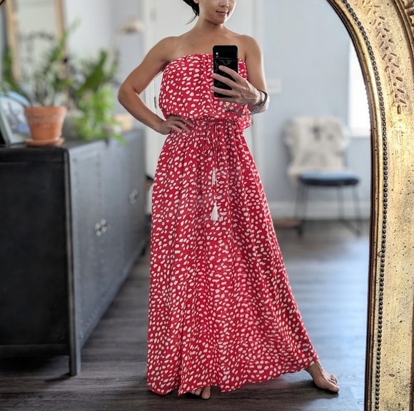 Summer Strapless Boho Beach Front Slit Swiss Dot/Floral Long Maxi Dress - Picture 1 of 7